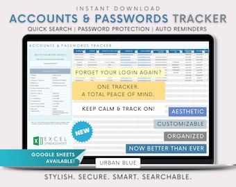 Excel Password Tracker: Customizable Account Manager (Digital Download) Urban Blue