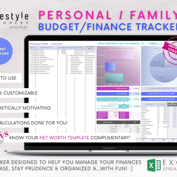 Budget Planner, Finance Tracker, Family Finance, Household Finance Tracker, Income & Expense Template, Budgeting, Net Worth Tracker, Excel