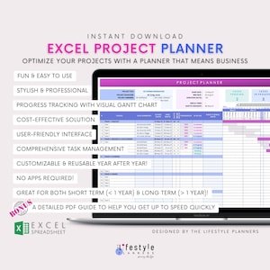 Puede incluir: Una pantalla de computadora portátil que muestra una hoja de cálculo de Excel colorida con el título "Project Planner". La hoja de cálculo está diseñada para ayudar a los usuarios a realizar un seguimiento y administrar proyectos con un diagrama de Gantt visual. El texto "Optimice sus proyectos con un planificador que significa negocios" se muestra encima de la hoja de cálculo.