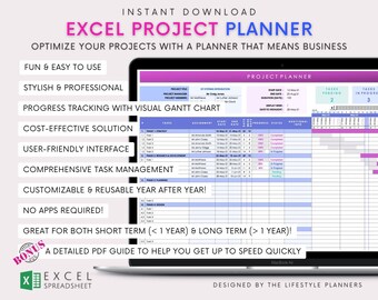 Excel Project Planner Template: Gantt Chart, Task Tracker (Digital Download)