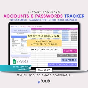 Op de afbeelding: Een laptopscherm toont een "Accounts & Passwords Tracker" spreadsheet. Het scherm toont een spreadsheet met kolommen voor accountgegevens, website links en e-mailadressen. Tekst bevat "Quick Search", "Password Protection" en "Auto Reminders".