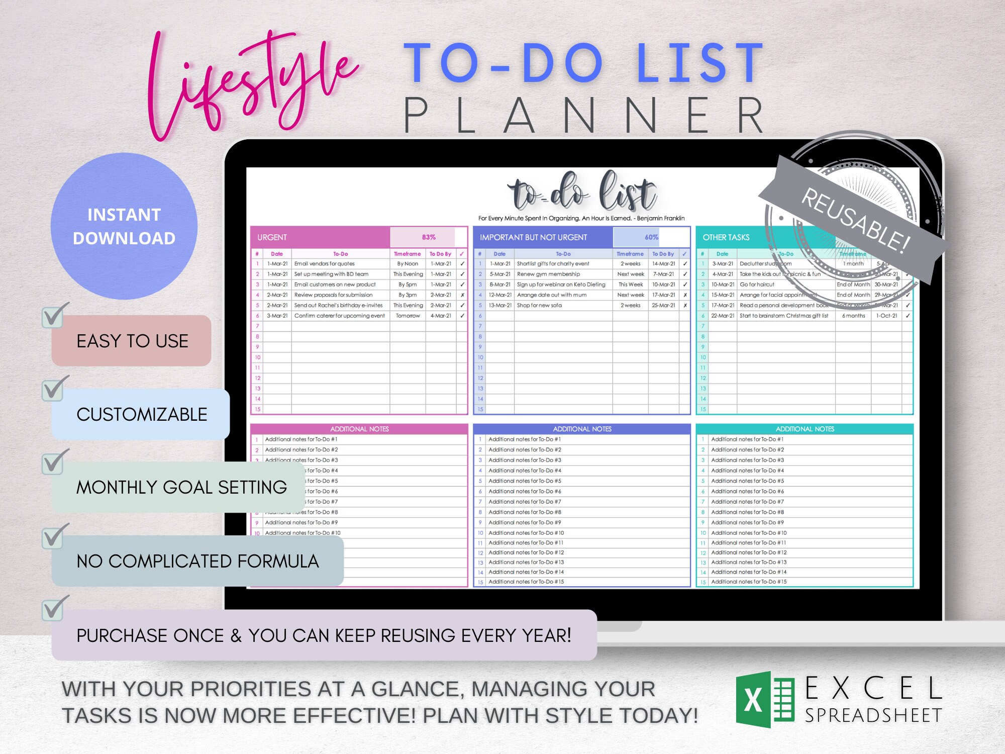 Excel to do list planner spreadsheet for increased etsy