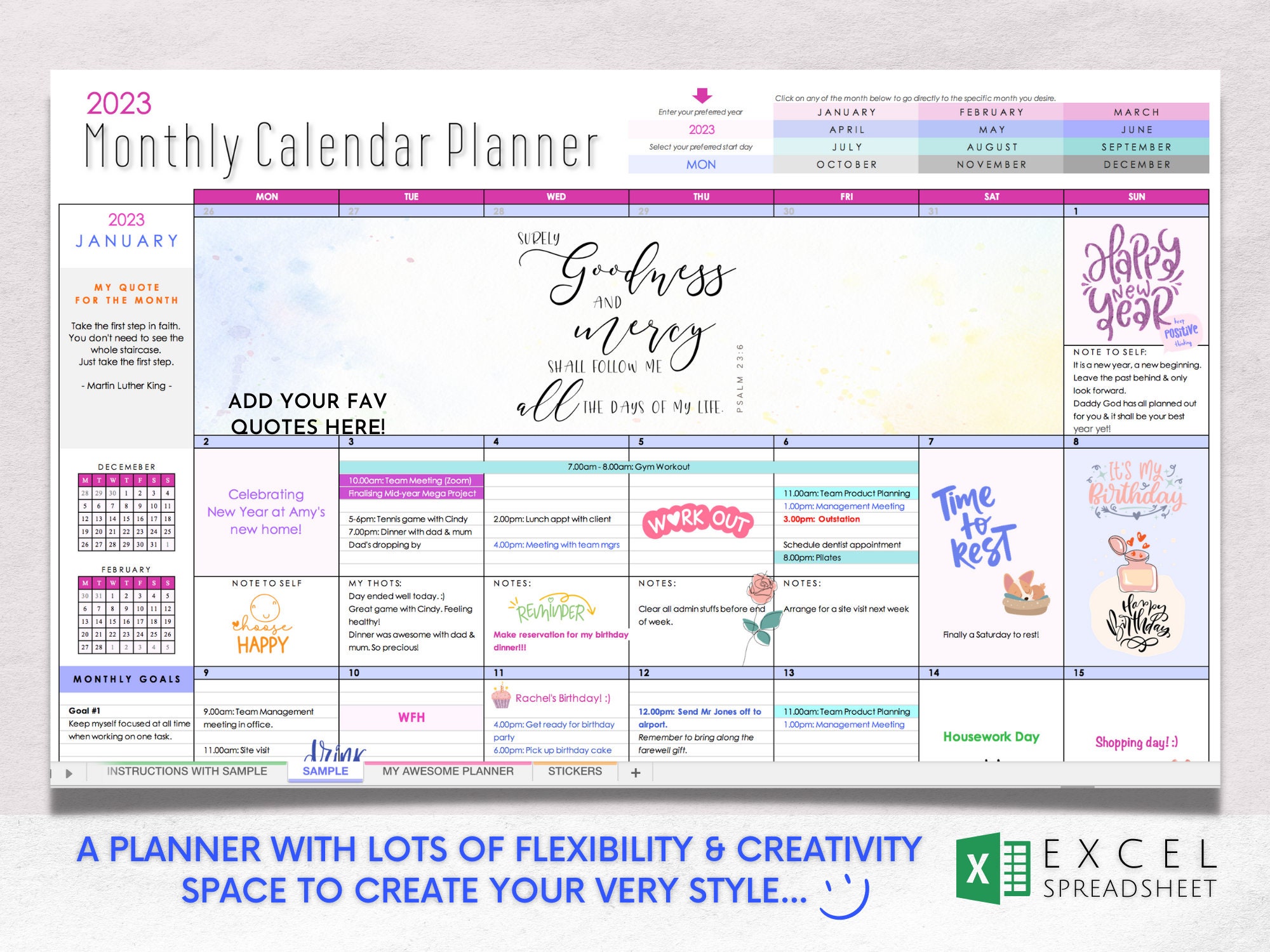 Lifestyle Monthly Calendar Planner Excel Version, Single Tab, Goal ...