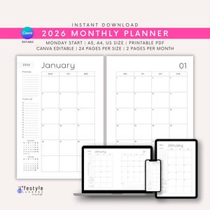 Pode incluir: Um planejador mensal digital de 2026 com um design minimalista. O planejador é exibido em um laptop, tablet e telefone, mostrando o layout do calendário de janeiro. O texto inclui "2026 Monthly Planner" e "Instant Download".
