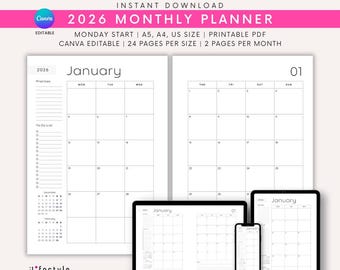 2026 Monthly Planner Printable Editable Canva Digital Planner Calendar 2026 Minimalist Planner Dated To-Do List, Notes Mon Start A4 A5 US