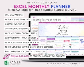 Excel Monthly Calendar Planner: Customizable, Reusable (Digital Download)