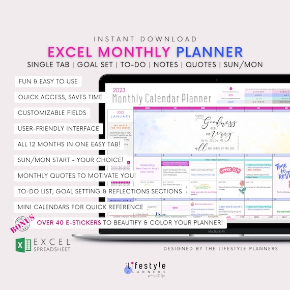 Excel Monthly Calendar Planner: Customizable, Reusable (Digital Download)