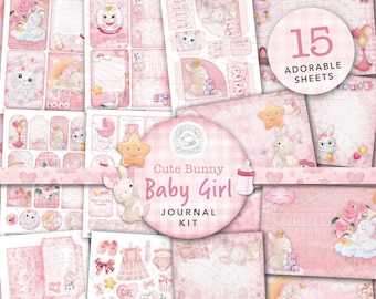 Baby Girl Junk Journal Printable Kit: Digital Download, Cute, Bunny, Rabbit, Postcards, Envelope, Pockets, Tags, Ephemera, Papers, Birth, A4