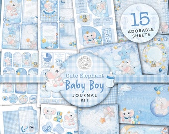 Kit stampabile Baby Boy Junk Journal: download digitale, carino, elefante, cartoline, buste, tasche, etichette, oggetti effimeri, documenti, nascita, A4