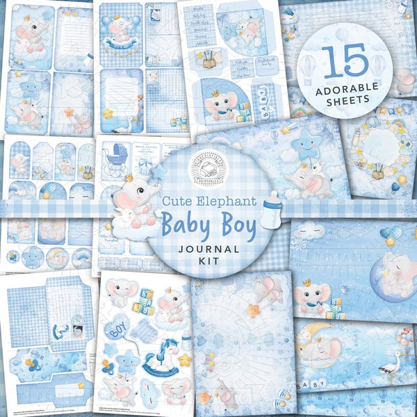 Baby Boy Junk Journal Printable Kit: Digital Download, Cute, Elephant, Postcards, Envelopes, Pockets, Tags, Ephemera, Papers, Birth, A4