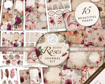 Boho Roses Junk Journal Printable Kit: Digital Download, Rose, Feathers, Grunge, Postcards, Vintage, Envelopes, Pockets, Tags, Ephemera, A4