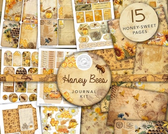 Vintage Honey Bees Junk Journal Printable Kit: Digital Download, Bee, Backing Papers, Postcards, Envelopes, Pockets, Tags, Ephemera, A4