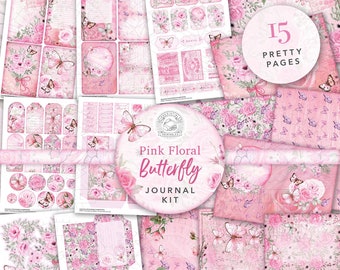 Pink Floral Butterfly Junk Journal Printable Kit : Téléchargement numérique, Roses, Papiers de support, Cartes postales, Enveloppes, Poches, Tags, Éphémères, A4