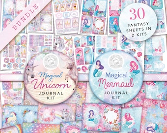 Magical Unicorn & Mermaid Junk Journal Printable Kits: Digital Download, Fantasy, Gems, Rainbows, Ocean, Beach, Envelopes, Tags, Ephemera,A4