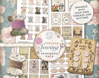 Efímeras de costura vintage: Tarjetas con bobinas y botones estilo shabby chic (descarga digital)