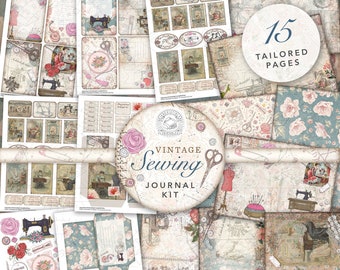 May include: A vintage sewing journal kit with 15 pages featuring a variety of images, including sewing machines, scissors, fabric, and flowers. The kit is perfect for scrapbooking, journaling, and crafting.