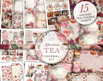 Vintage Afternoon Tea Junk Journal afdrukbare Kit: digitale download, antiek, theepot, China, enveloppen, zakken, tags, ephemera, shabby, A4