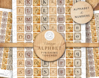 May include: Printable vintage alphabet and numbers in a collage sheet format. The letters and numbers are in a distressed, aged style with a brown and beige color scheme. The image includes the text "Vintage ALPHABET FINISHING TOUCHES."