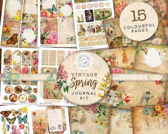 Vintage Spring flowers Junk Journal Printable Kit: Digital Download, Easter, Vintage, Papers, Bunny, Postcards, Envelopes, Tags, Ephemera,A4