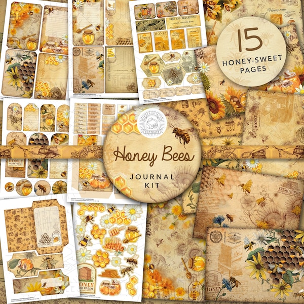 Vintage Honey Bees Junk Journal Printable Kit: Digital Download, Bee, Backing Papers, Postcards, Envelopes, Pockets, Tags, Ephemera, A4