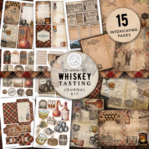 Vintage Whiskey Tasting Junk Journal Printable Kit: Digital Download, Whisky, Papers, Postcards, Envelopes, Pockets, Tags, Ephemera, Dad, A4