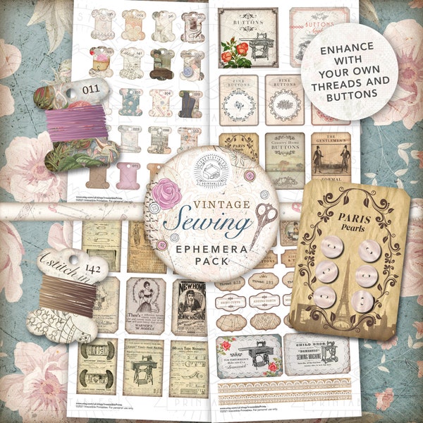 Vintage Sewing Ephemera Printable Pack: Digitaler Download, Antik, Grunge, Bobbin Karten, Knopfkarten, Werbung, Spitze, Schneiderei, Shabby, A4