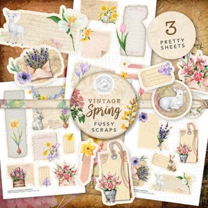 Vintage Spring Fussy Scraps Ephemera Printable Pack: Digital Download, Antique, Flowers, Bunny, Rabbit, Easter, Notes, Daffodils, Yellow, A4