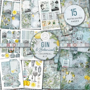Kit stampabile Gin and Botanicals Junk Journal: download digitale, tonico, carta di supporto, cartoline, buste, tasche, etichette, effimeri, A4