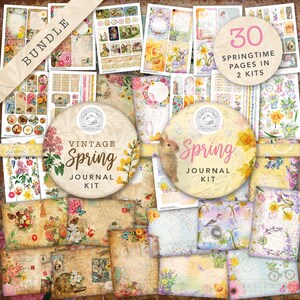 Frühling & Vintage Frühling Junk Journal Printable Kits: Digitaler Download, Ostern, Papiere, Hase, Postkarten, Umschläge, Tags, Ephemera, A4