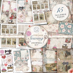 Kit imprimible Vintage Sewing Junk Journal: Descarga digital, Antiguo, Grunge, Postales, Sobres, Bolsillos, Etiquetas, Efímera, Shabby, A4