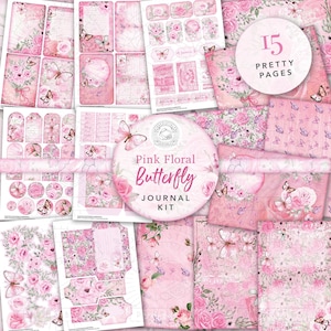 Pink Floral Butterfly Junk Journal Printable Kit: Digital Download, Roses, Backing Papers, Postcards, Envelopes, Pockets, Tags, Ephemera, A4