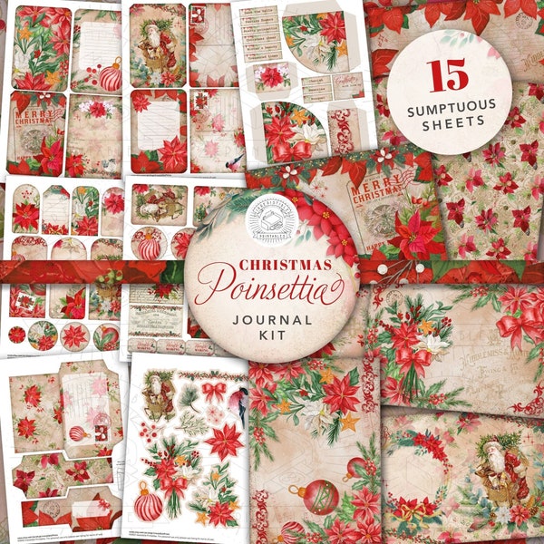 Christmas Poinsettia Junk Journal Printable Kit: Holidays, Pointsettia, Digital Download, Papers, Postcards, Envelopes, Pockets, Tags, A4