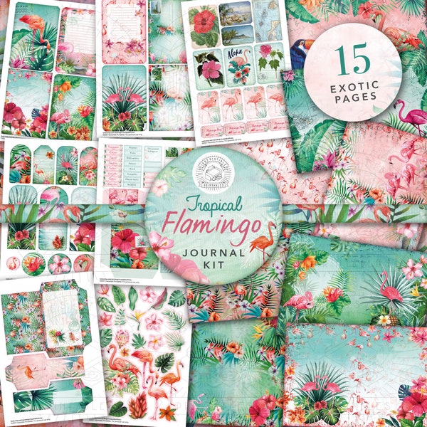 Tropisches Flamingo Junk Journal Printable Kit: Digitaler Download, Flamingos, Rückseitenpapier, Postkarten, Umschläge, Taschen, Tags, Ephemera,A4