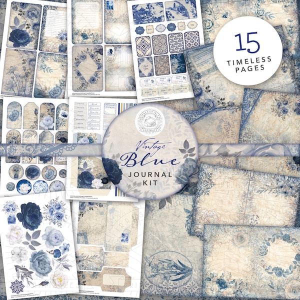 Kit stampabile vintage Blue Junk Journal: Download digitale, pizzo, blu, cartoline, buste, tasche, etichette, effimeri, squallido, antico, A4