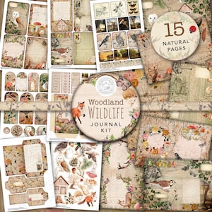 Kit stampabile del diario spazzatura della fauna selvatica del bosco vintage: download digitale, documenti di supporto, cartoline, buste, animali, etichette, effimeri, A4