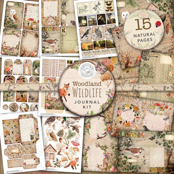 Vintage Woodland Wildlife Junk Journal Printable Kit: Digital Download, Backing Papers, Postcards, Envelopes, Animals, Tags, Ephemera, A4