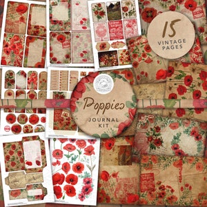 Vintage Poppies Junk Journal Printable Kit: Digital Download, Poppy, Backing Papers, Postcards, Envelopes, Pockets, Tags, Ephemera, A4