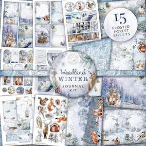 Kit stampabile Woodland Winter Junk Journal: download digitale, documenti di supporto, cartoline, buste, inverno, animali, etichette, effimeri, A4