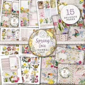 Spring Lace Vintage Junk Journal Printable Kit: Digitaler Download, Ostern, Vintage, Papiere, Eier, Postkarten, Umschläge, Tags, Ephemera, A4