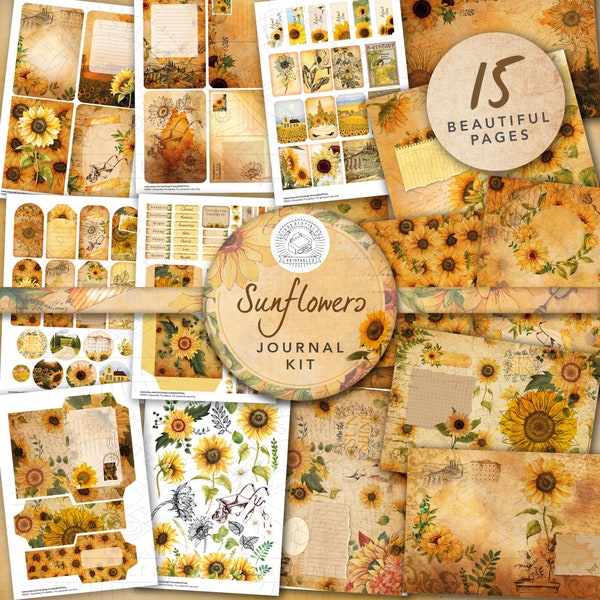 Vintage Sunflowers Junk Journal Printable Kit: Digital Download, Coffee, Backing Papers, Postcards, Envelopes, Pockets, Tags, Ephemera, A4