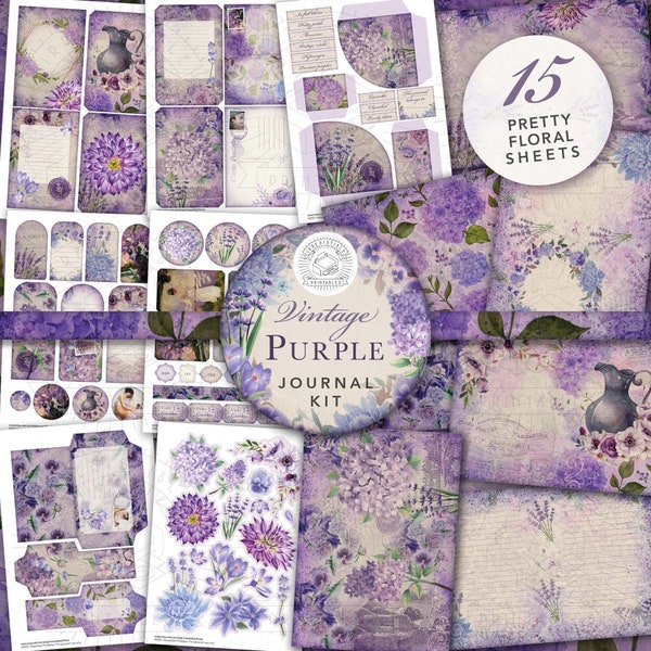 Kit imprimible Vintage Purple Junk Journal: Descarga digital, Flores, Postales, Sobres, Bolsillos, Etiquetas, Efímera, Shabby, Antiguo, A4