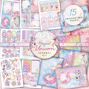 Magical Unicorn Junk Journal afdrukbare Kit: digitale download, fantasie, eenhoorns, edelstenen, traktaties, regenbogen, enveloppen, tags, ephemera, A4