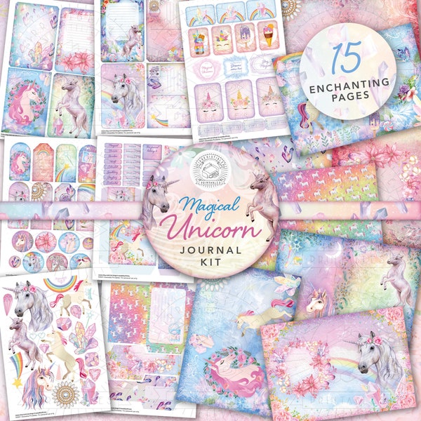 Magical Unicorn Junk Journal Printable Kit: Digital Download, Fantasy, Unicorns, Gems, Treats, Rainbows, Envelopes, Tags, Ephemera, A4