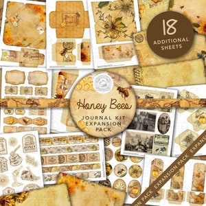 Vintage Honey Bees Junk Journal Printable Kit: Digitaler Download, Biene, Add-on, Postkarten, Umschläge, Taschen, Tags, Ephemera, A4