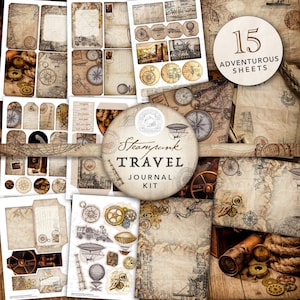 vintage Steampunk Travel Junk Journal Kit imprimable : Téléchargement numérique, Antique, Grunge, Cartes postales, Enveloppes, Poches, Tags, Éphémères, A4
