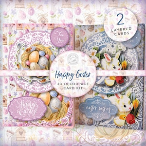 Frühling Ostern 3D Decoupage Karten Kit: Digitaler Download, Ostern, Blumen, Papiere, Eier, Kartengestaltung, Hase, Card Kit, Journal, Instant, A4
