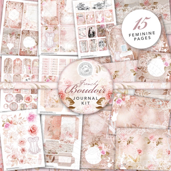 Vintage French Boudoir Junk Journal Printable Kit: Digital Download, Lace, Pink, Postcards, Envelopes, Pockets, Tags, Ephemera, Shabby, A4