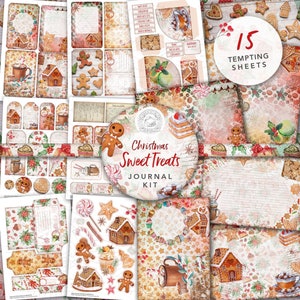 Kerst zoete lekkernijen Junk Journal afdrukbare Kit: vakantie, digitale download, papieren, peperkoek, snoep, enveloppen, zakken, tags, A4