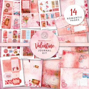 Watercolour Valentine Junk Journal Printable Kit: Digital Download, Watercolour, Pink, Valentines, Love, Tags and Ephemera, A4