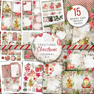 Kit imprimible de diario basura de Navidad tradicional: vacaciones, Navidad, descarga digital, papeles de respaldo, postales, sobres, bolsillos, etiquetas, A4